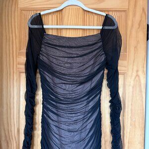 Bebe black ivory mesh off shoulder ruched lace Bodycon top dress medium